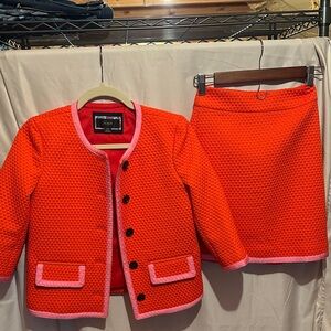 J. Crew orange with pink trim jacket/skirt set